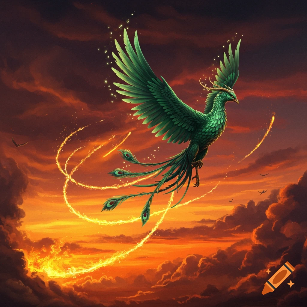 A vibrant green phoenix-like bird with peacock-like tail feathers flies through a fiery orange and red sky with glowing trails.
