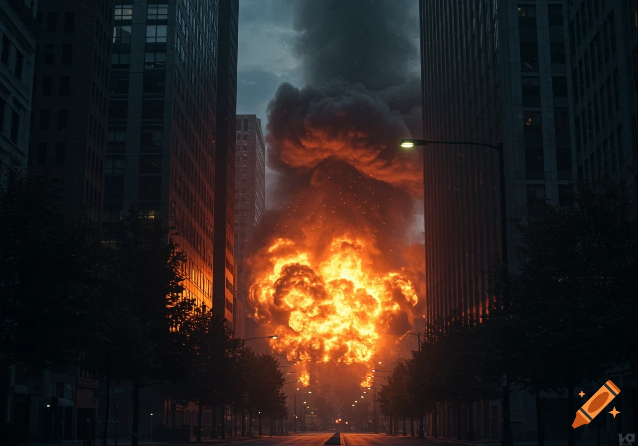A large fiery explosion fills a dark city street, framed by tall buildings, under a cloudy sky.