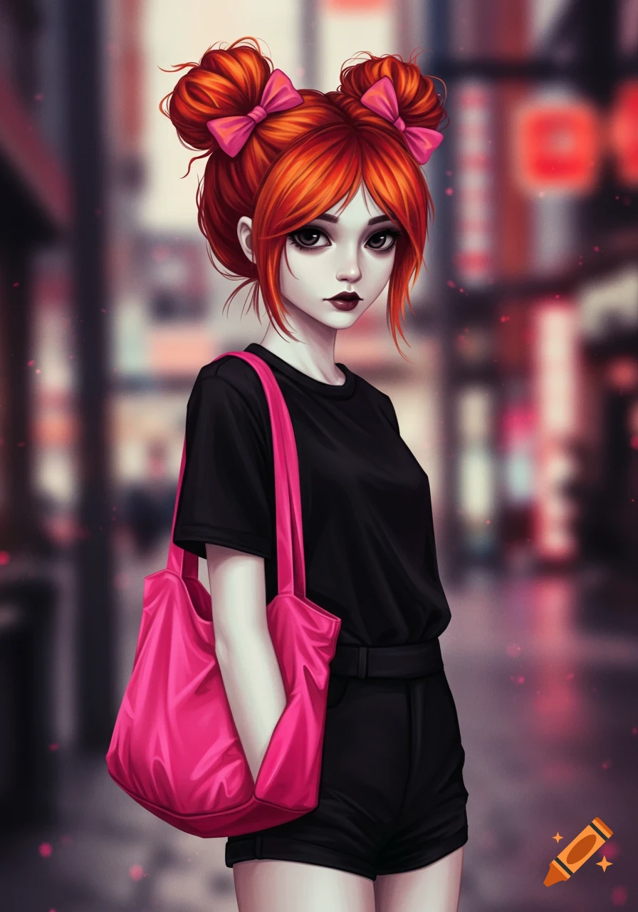 Stylized digital illustration of a pale girl with red-orange hair, pink bows, black outfit, and a pink tote bag on an urban street.