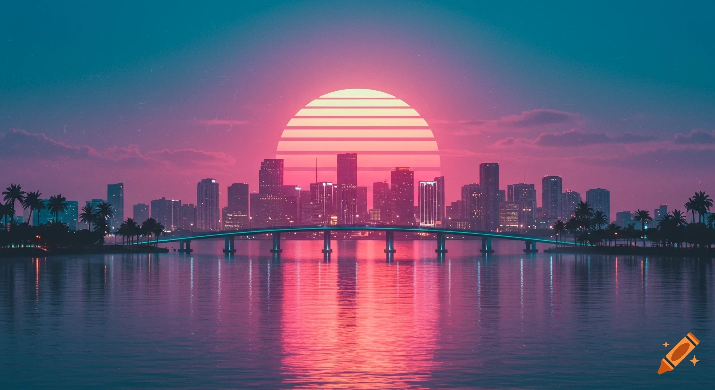 Synthwave-style Miami skyline at sunset with a bridge over water and palm trees, vibrant pink and cyan colors.