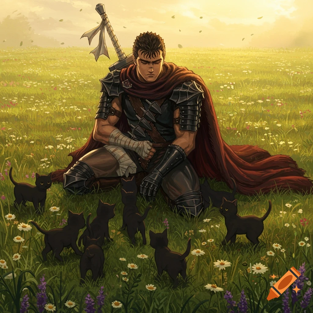 Guts from Berserk kneels in a sunlit wildflower meadow, surrounded by several black kittens.