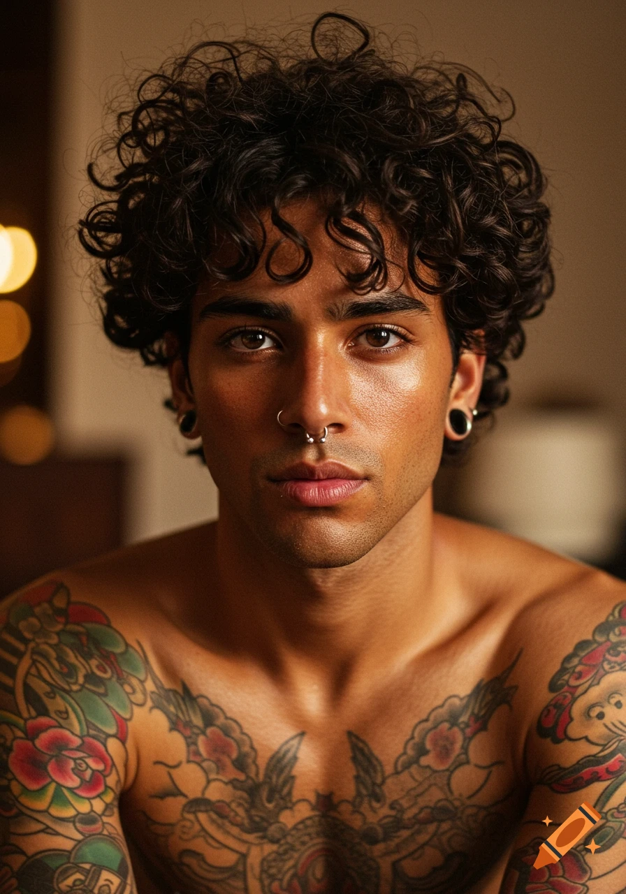 Photorealistic portrait of a man with dark curly hair, brown eyes, facial and ear piercings, and arm and chest tattoos.