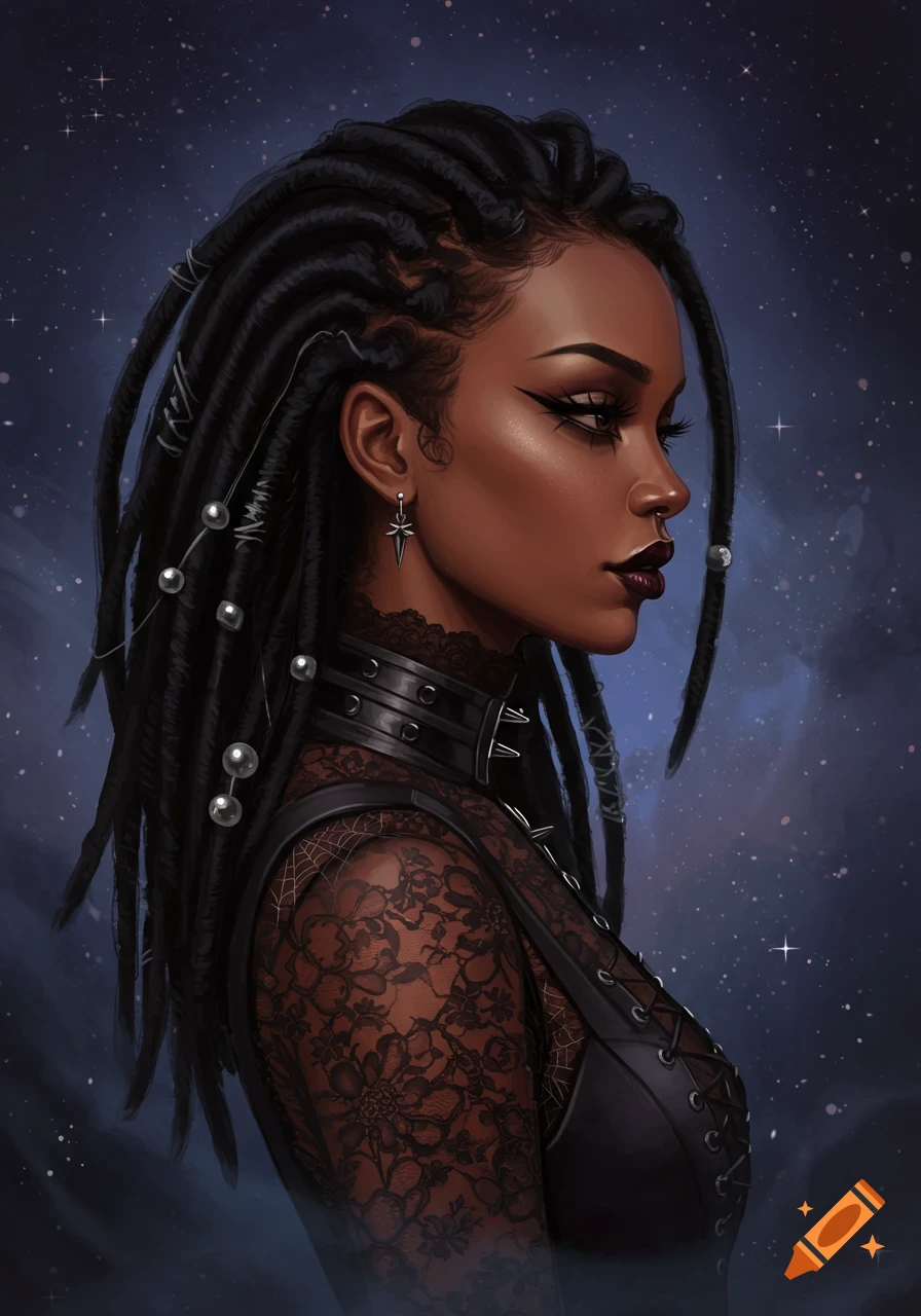 Side profile portrait of a gothic Black girl with dreadlocks, spiked choker, and lace top, against a starry dark blue background.