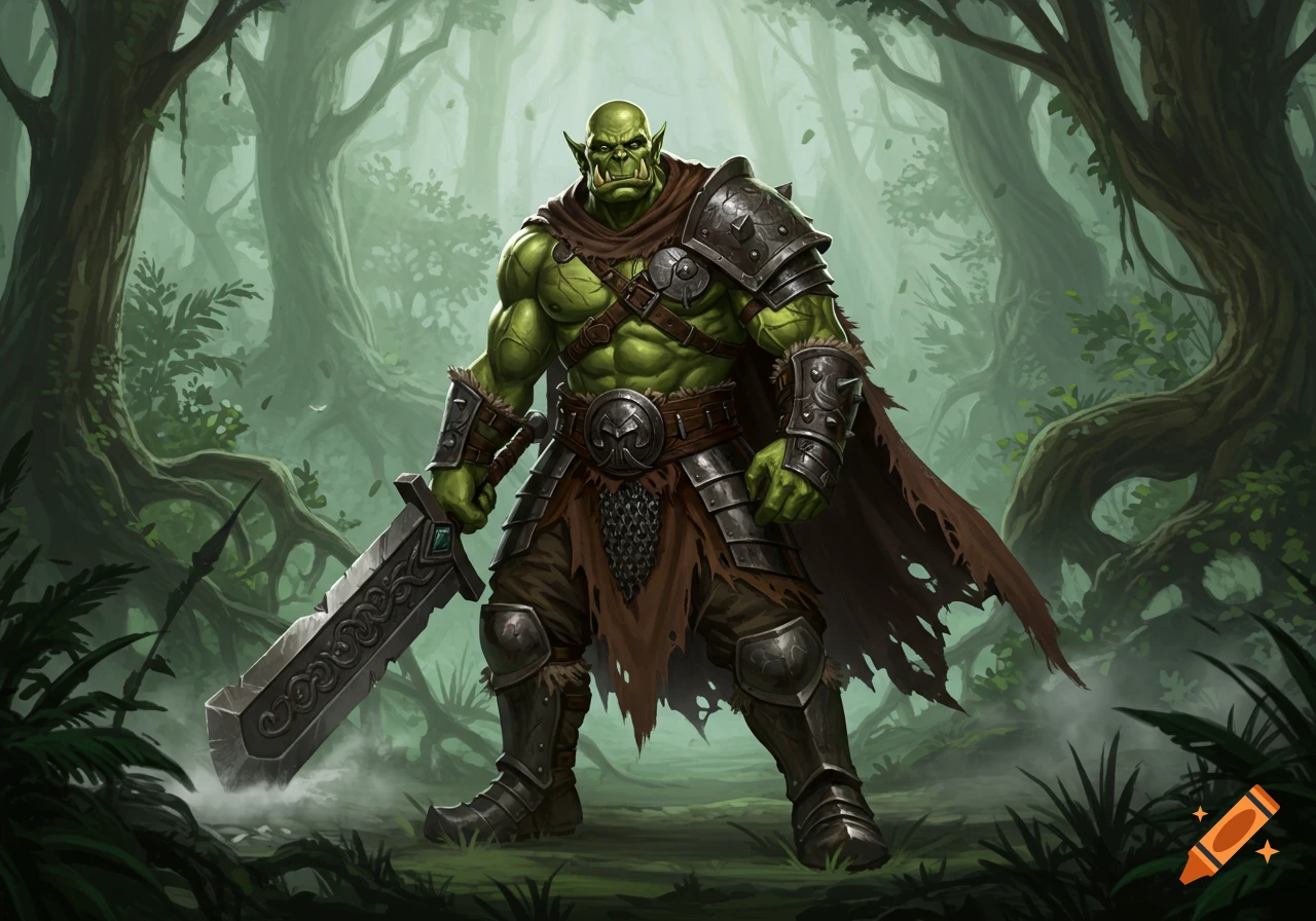 A muscular green orc warrior stands in a forest, holding a large broad sword and wearing armor. Digital illustration.