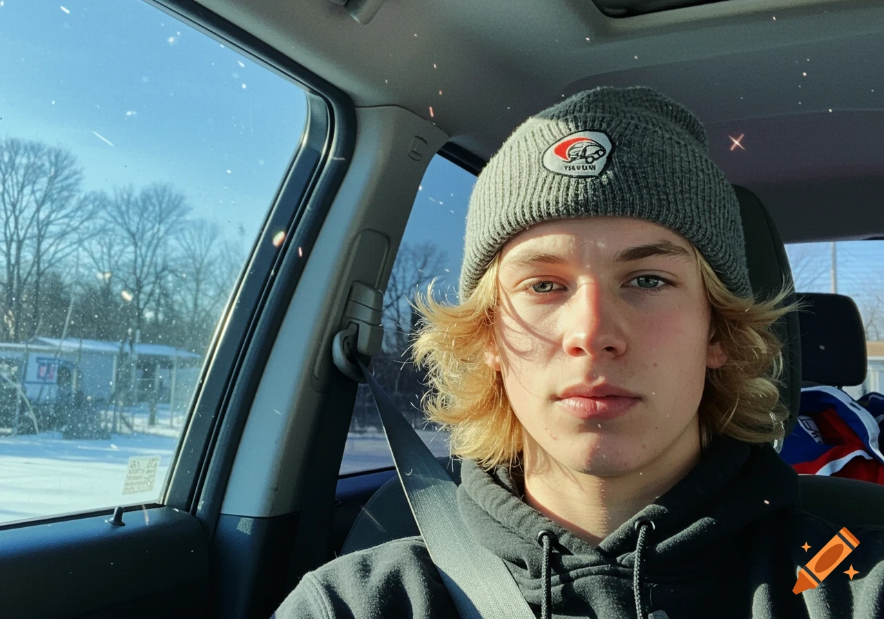 Young man with blonde hair and a beanie taking a selfie in a car during winter.