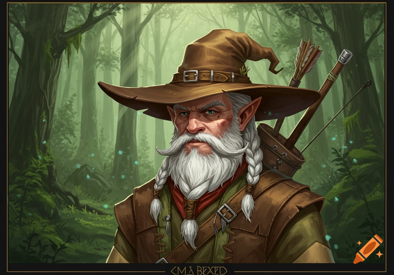 A male wood elf with a long white braided beard and mustache, wearing a wizard-cowboy hat and leather armor, stands in a mystical forest. Digital art.