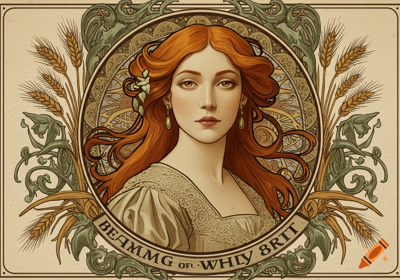 An Art Nouveau illustration of a woman with red hair in an ornate, circular frame with wheat stalks and decorative elements.