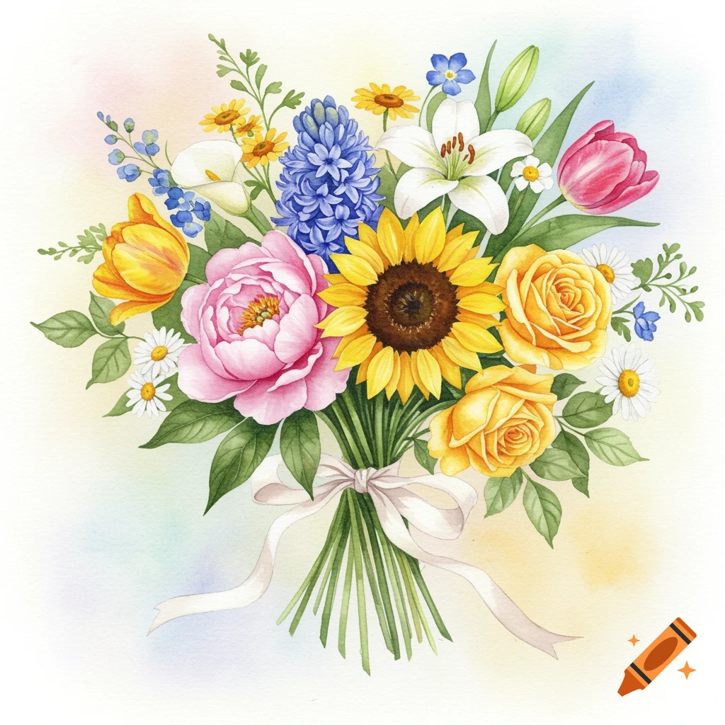 A vibrant watercolor bouquet of pink peonies, yellow sunflowers, blue hyacinths, white lilies, yellow roses, colorful tulips, and daisies, tied with a ribbon.