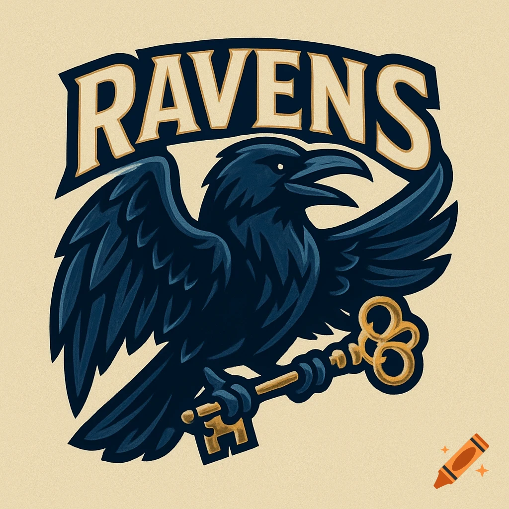 A dark blue raven logo with spread wings holding a golden key, with the word RAVENS in beige above it.
