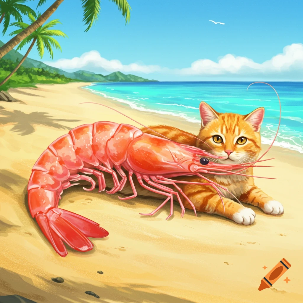 An orange tabby cat with a red shrimp body lies on a sunny sandy beach with palm trees and ocean.