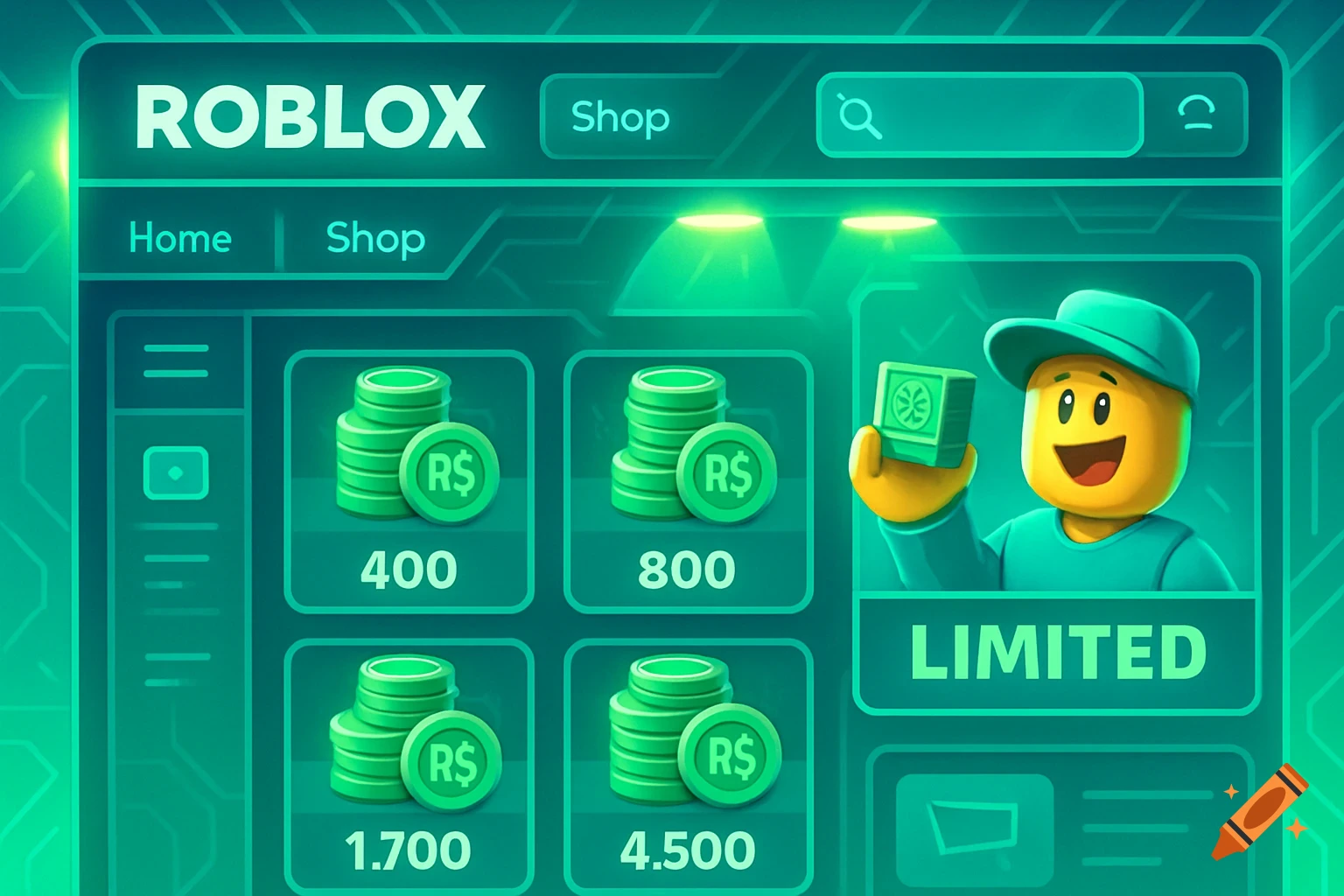 A vibrant green Roblox Robux shop interface displaying different Robux coin packages, featuring a smiling Lego-like character holding a green block.
