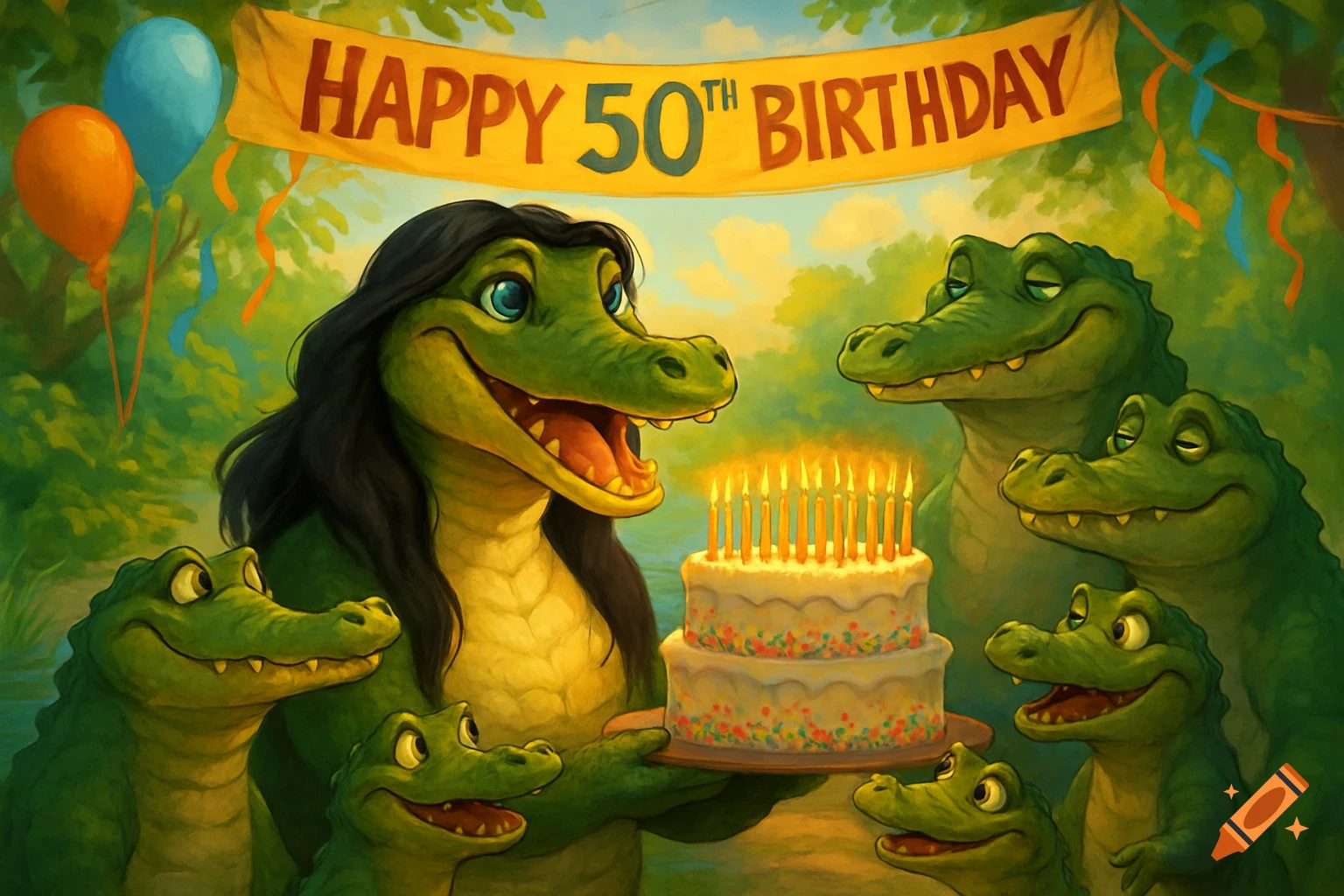 A cartoon-style illustration of a large female crocodile holding a birthday cake surrounded by smaller crocodiles, with a banner that reads "HAPPY 50TH BIRTHDAY".