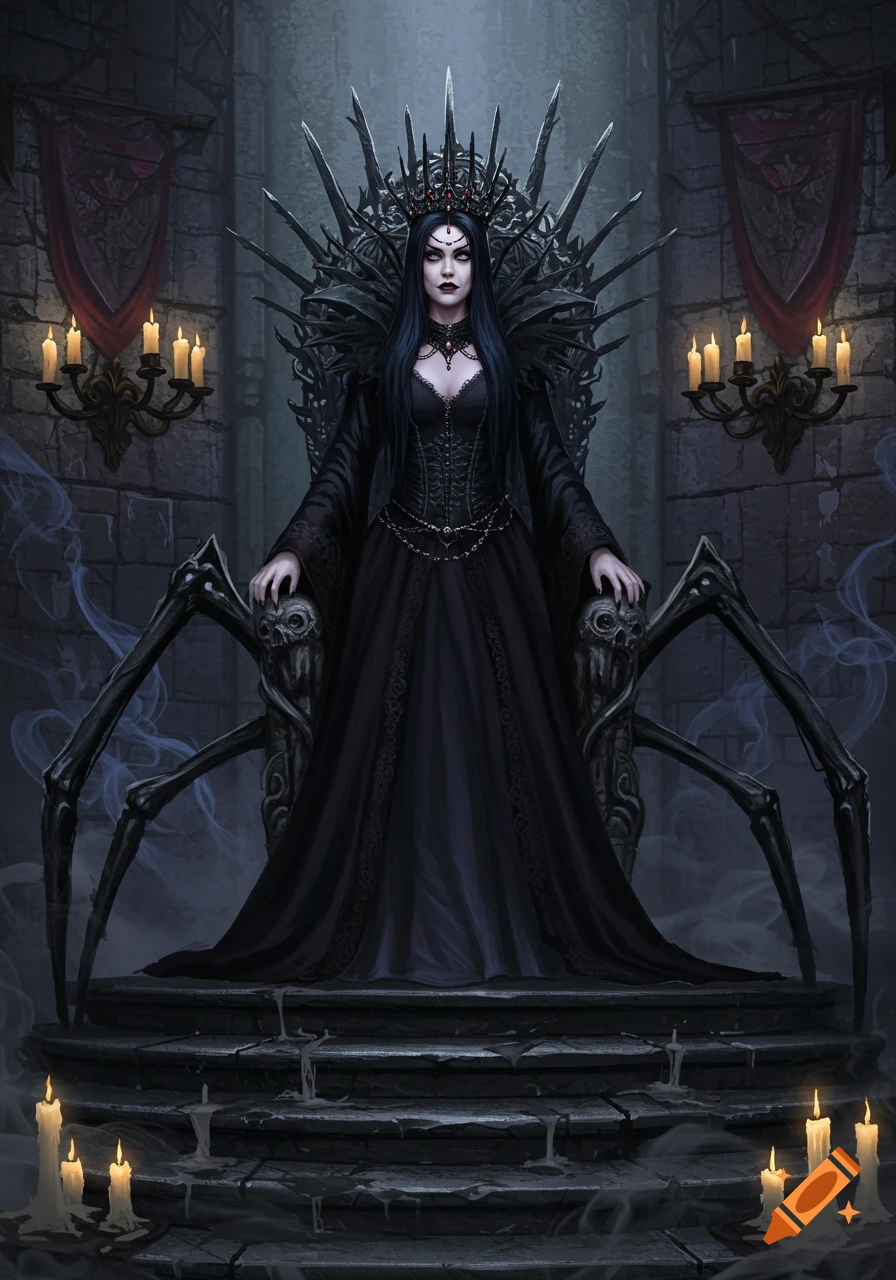 A dark gothic queen with pale skin and black hair sits on an ornate spiky throne in a gloomy stone chamber, surrounded by candles.