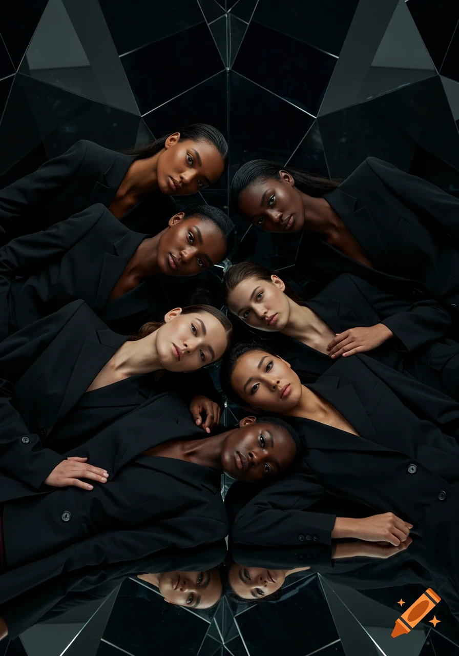 Six women of different ethnicities in black business attire lying in a dark room with a mirror kaleidoscope effect.