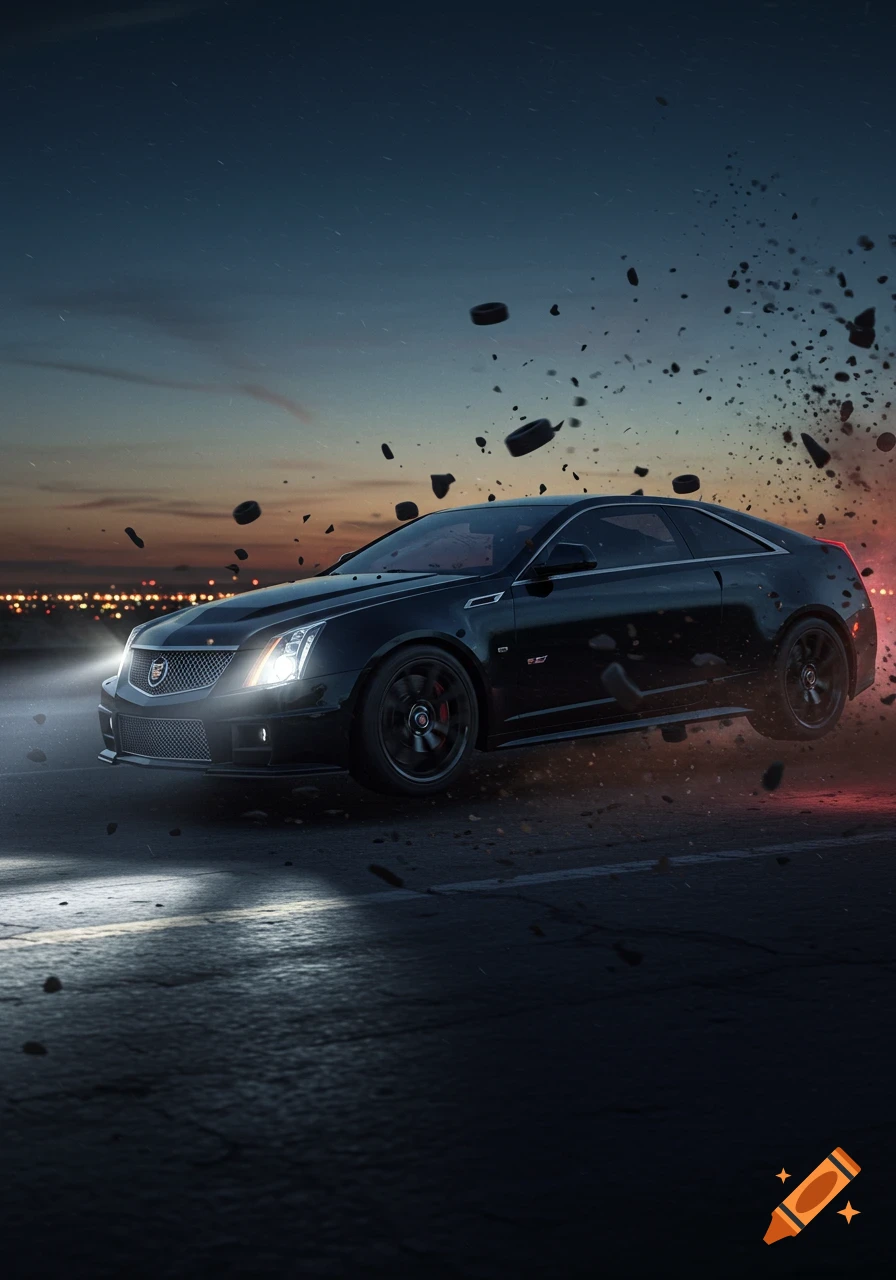 A black Cadillac CTS-V coupe is airborne on a road at dusk, with debris flying around it and city lights in the background.