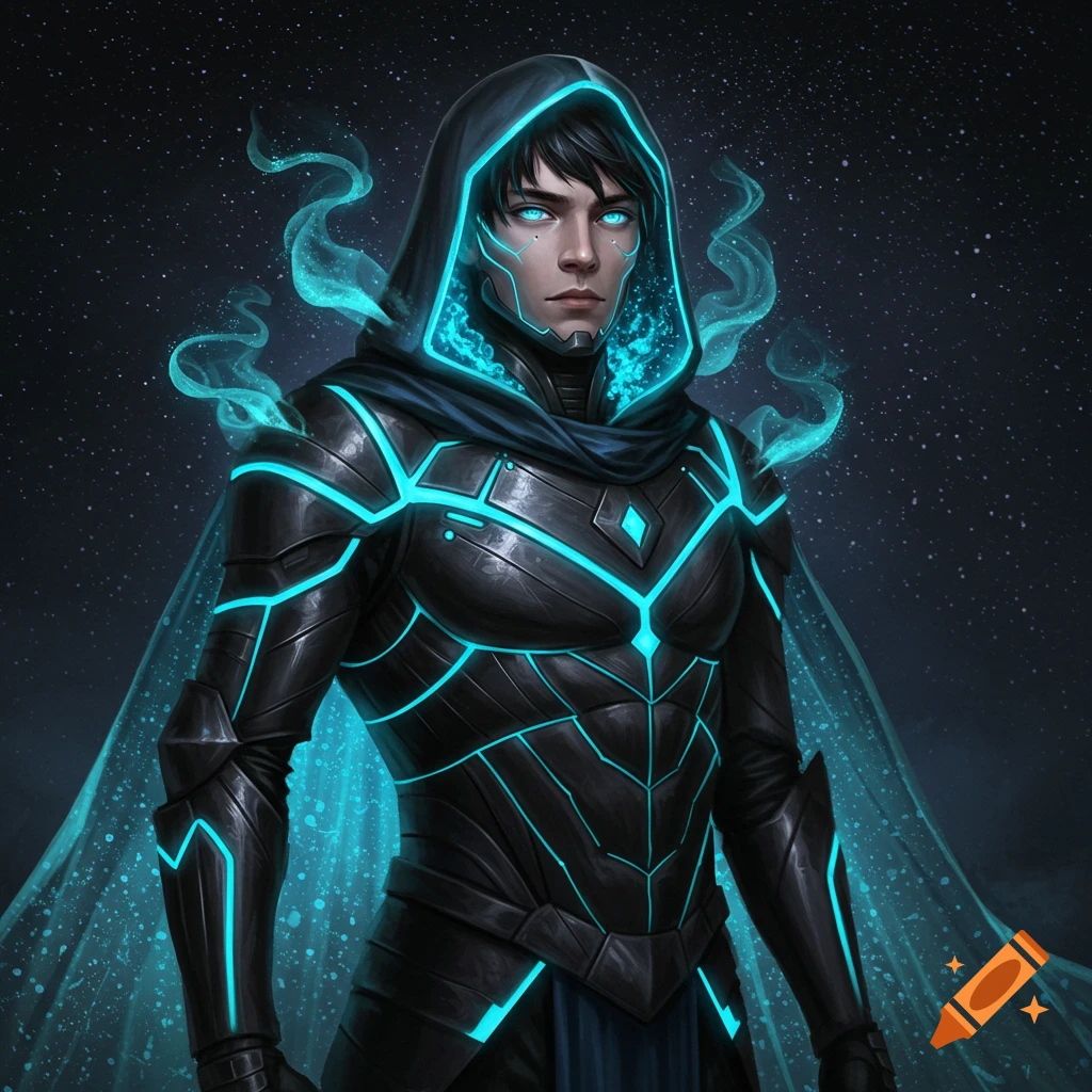 A man in futuristic black armor with glowing blue lines and eyes, surrounded by a blue aura, against a starry background.