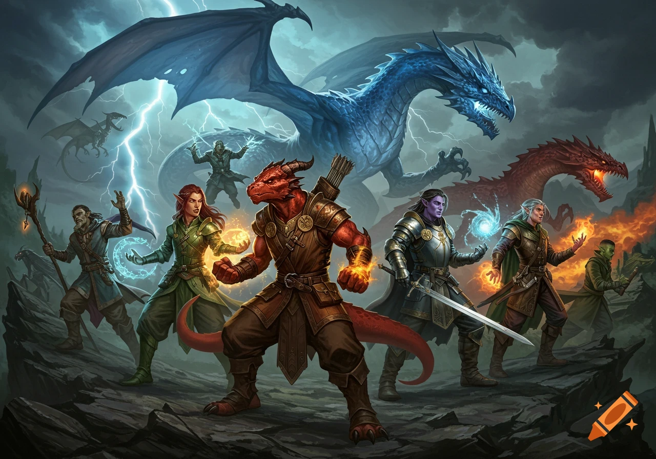 A diverse group of fantasy characters, including a red dragonborn, elves, and an orc, confront large blue and red dragons.