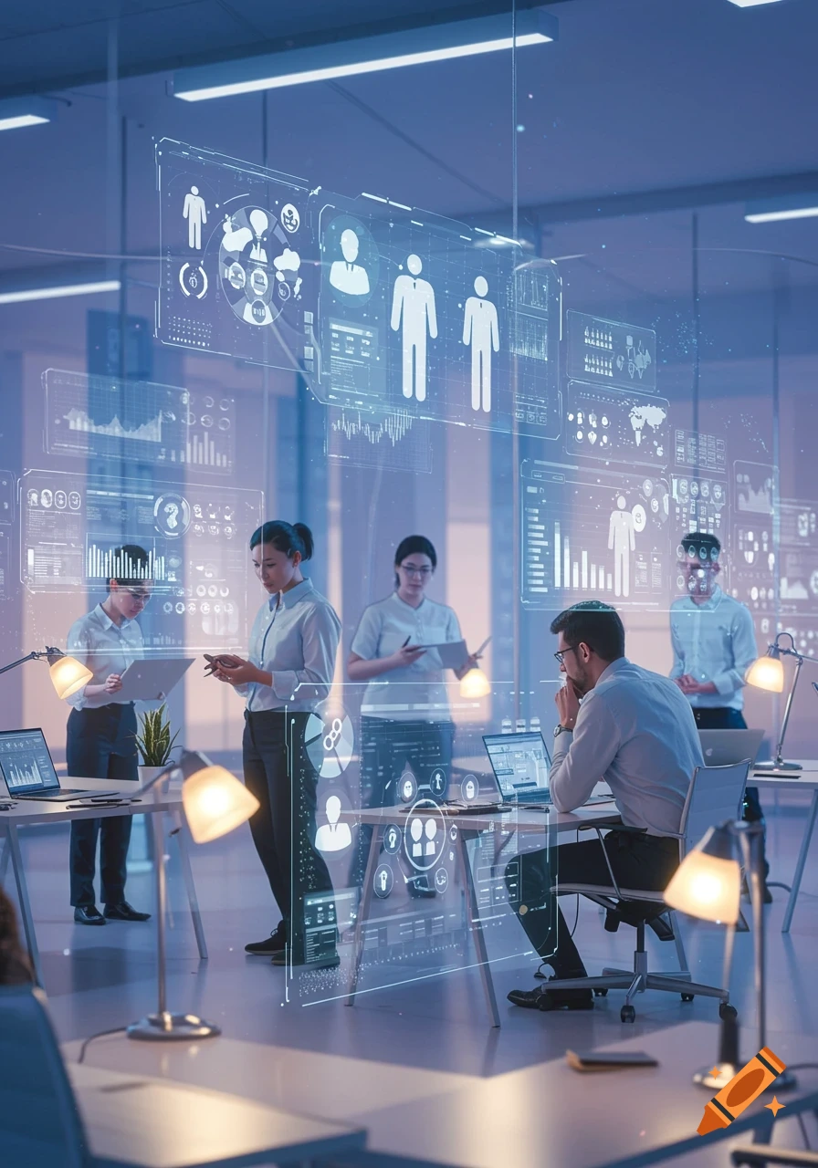 People working in a modern office with holographic data interfaces and glowing screens, representing HR progress and data analysis.