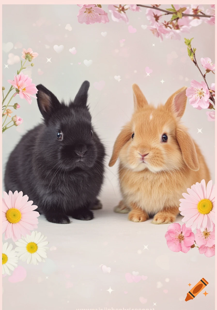 A black rabbit and a ginger rabbit sit together amidst pink and white flowers, with a soft pastel background.