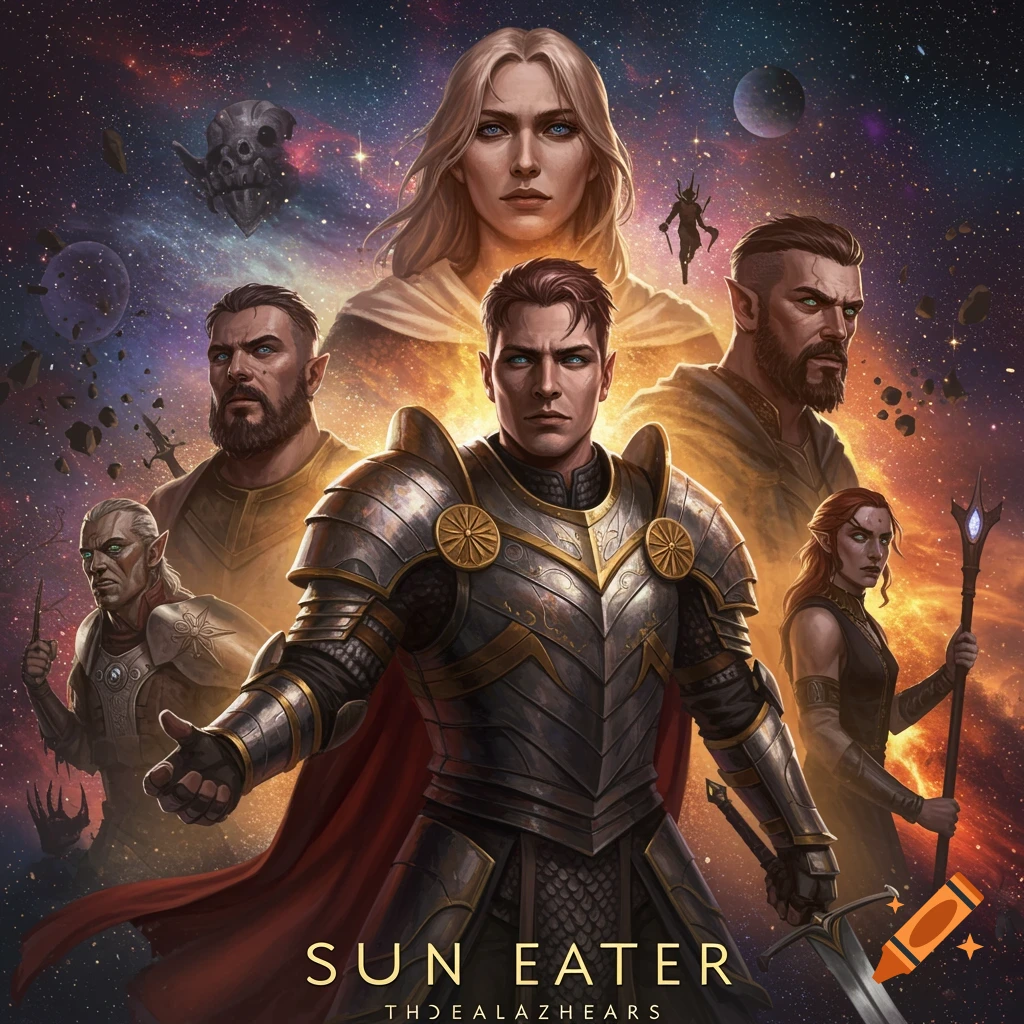 A group of heroic fantasy characters with a cosmic background. A man in shining armor is central, with a woman, other men, and elf-like figures surrounding him. Text 'SUN EATER' is at the bottom.