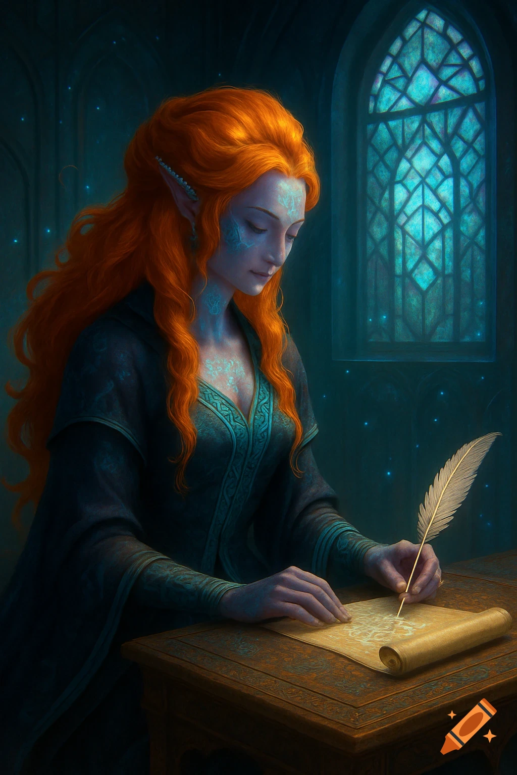 A red-haired elven woman with glowing blue skin patterns sits at a wooden table, writing with a quill on a parchment scroll in a dimly lit, arched chamber with a stained glass window.
