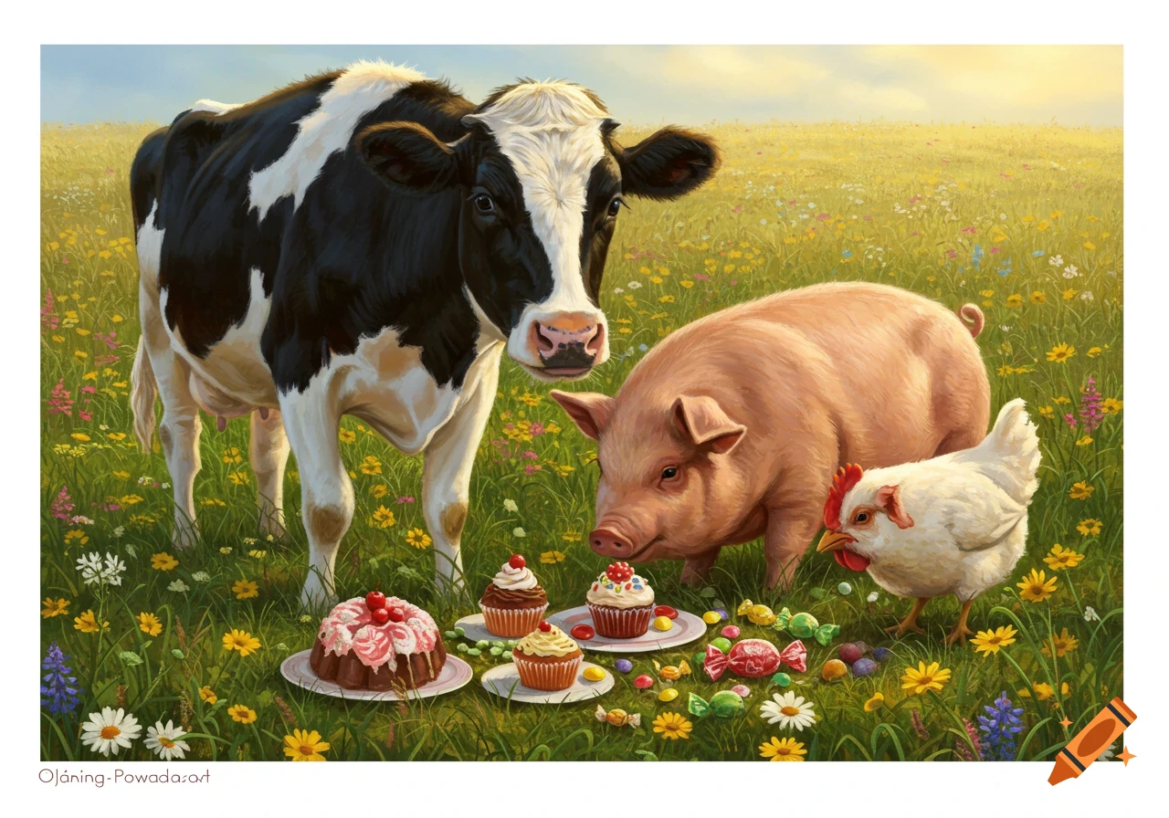 An illustration of a cow, pig, and chicken in a vibrant meadow with cupcakes and candies.