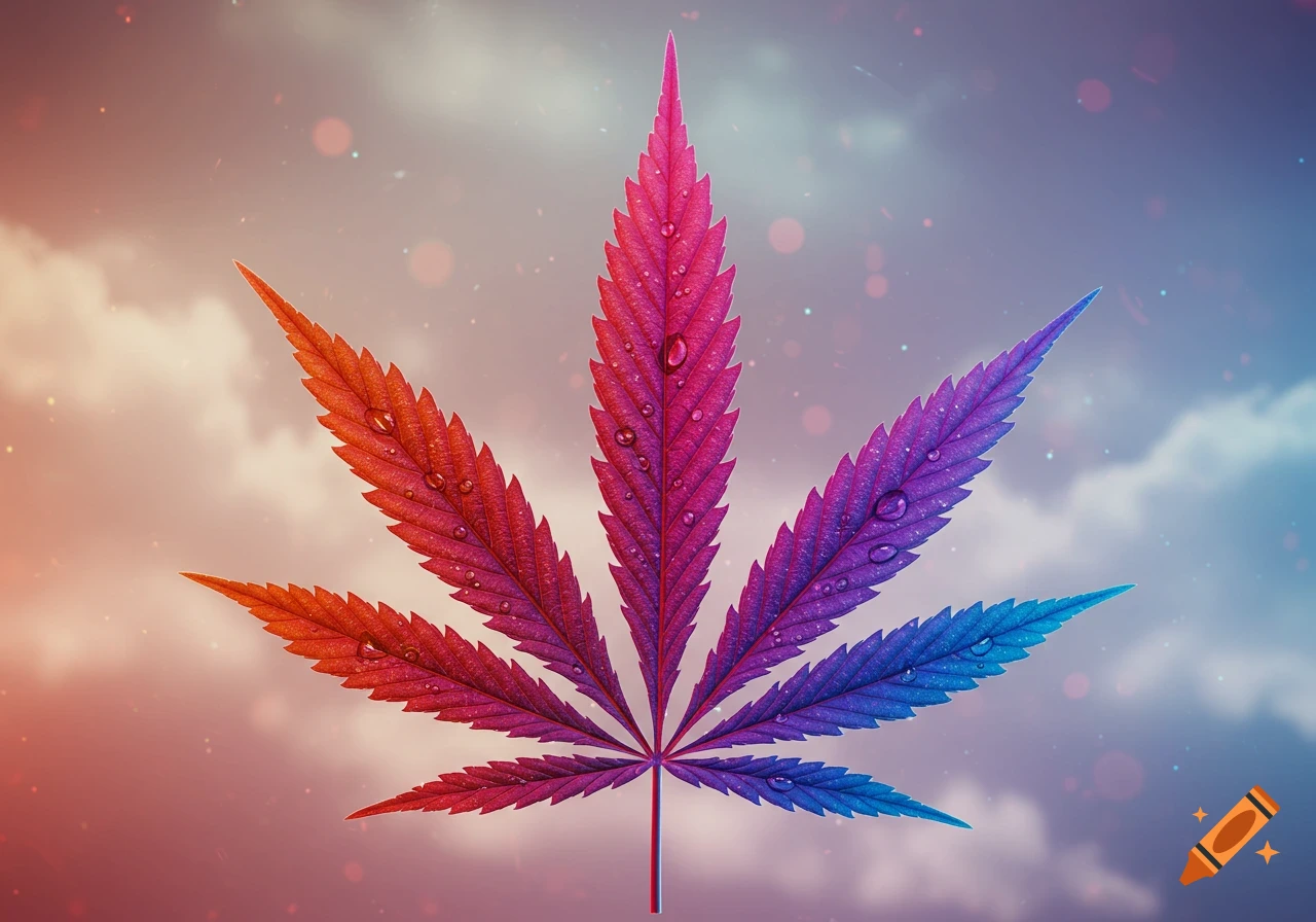 A vibrant rainbow-colored marijuana leaf with water droplets, set against a soft, dreamy sky background.