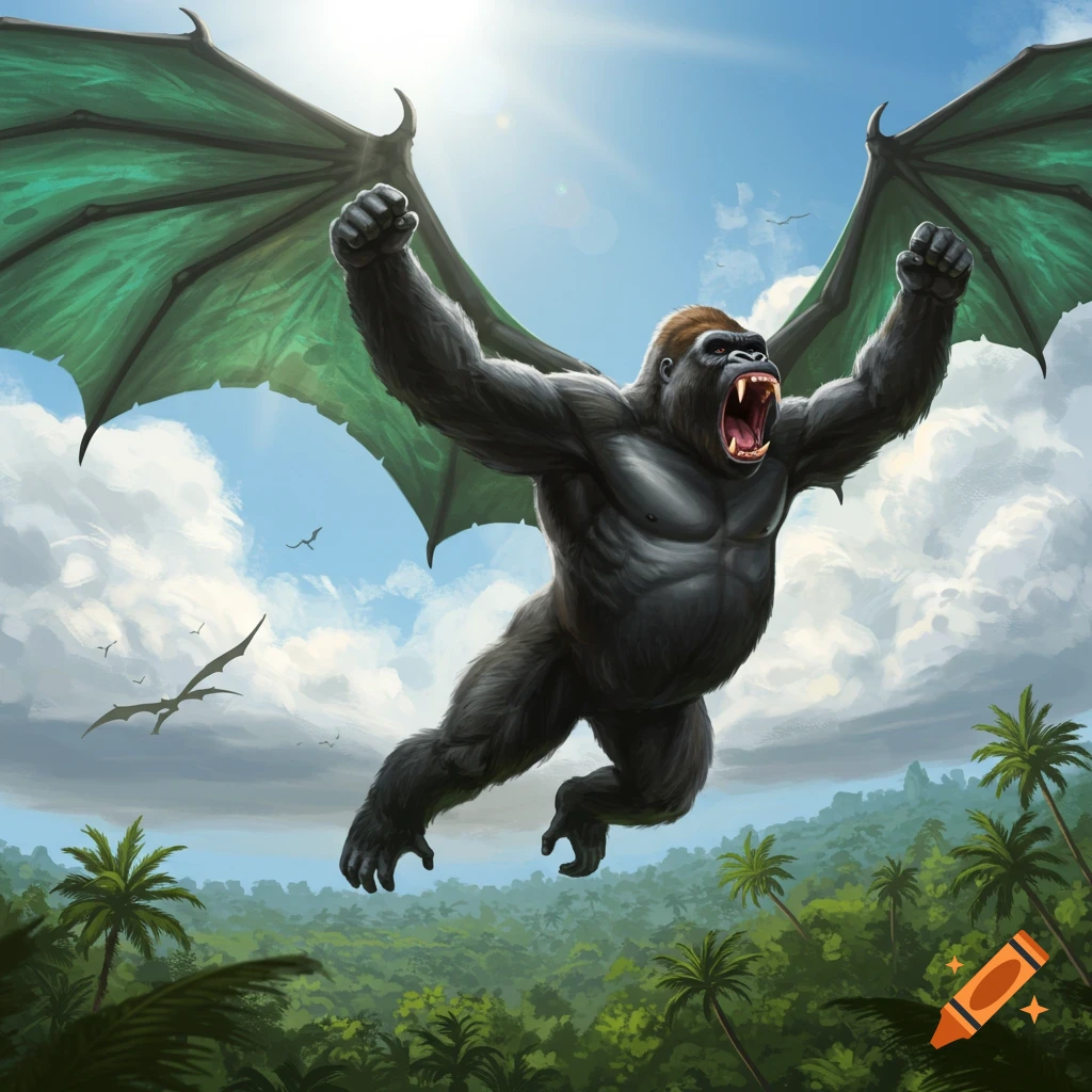 A roaring, muscular gorilla with green dragon wings flying over a lush jungle.
