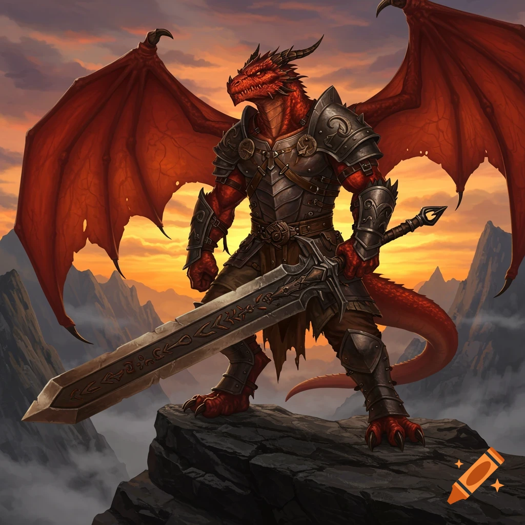 An armored, red dragon-like creature with large wings stands on a rocky mountain peak, holding a massive sword against a sunset sky.