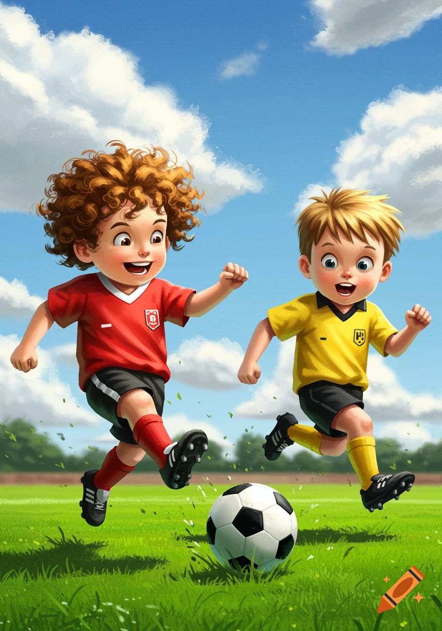 Two cheerful cartoon boys, one in red and one in yellow, run on a green soccer field under a blue sky, kicking a soccer ball.