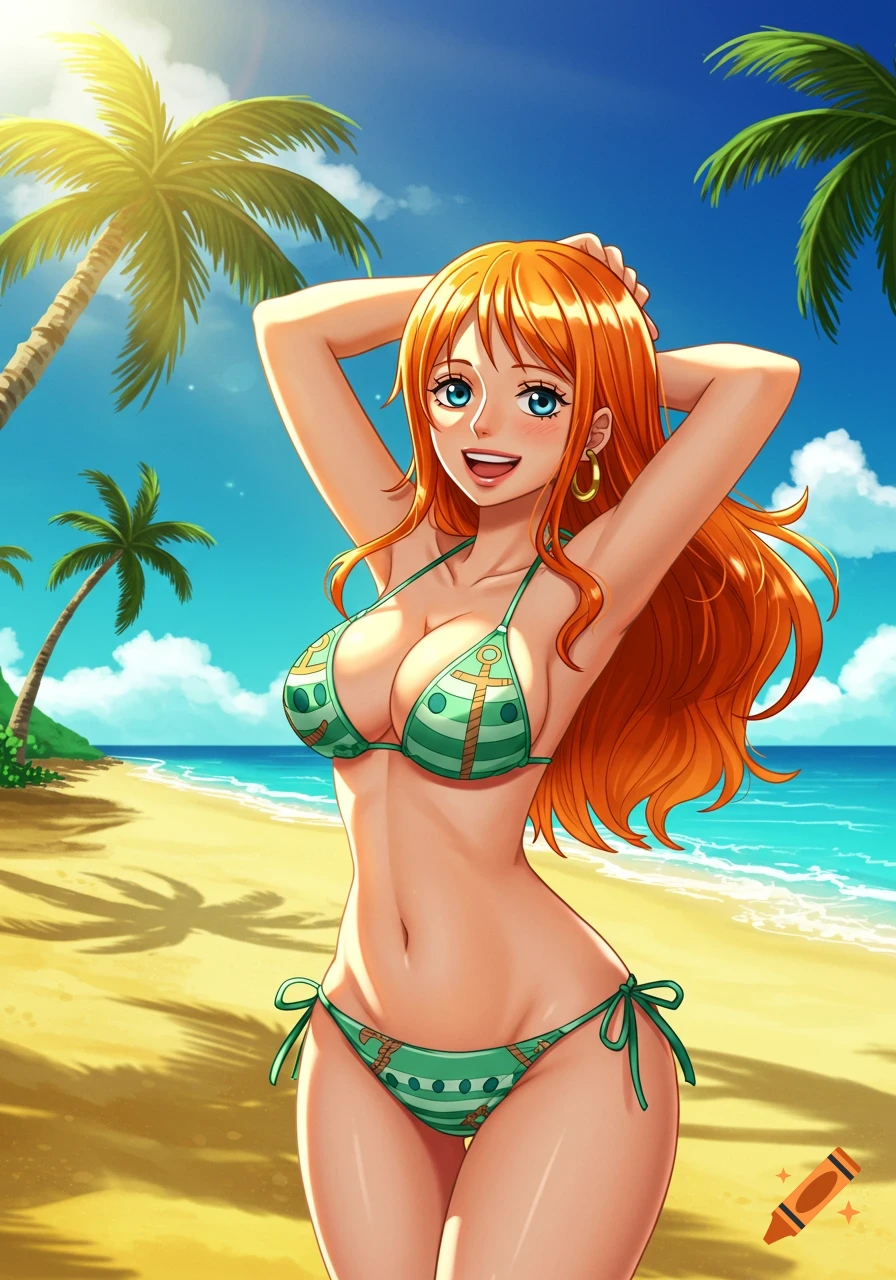 An anime woman with long orange hair and blue eyes, wearing a green bikini, stands on a sunny beach with palm trees and ocean in the background.
