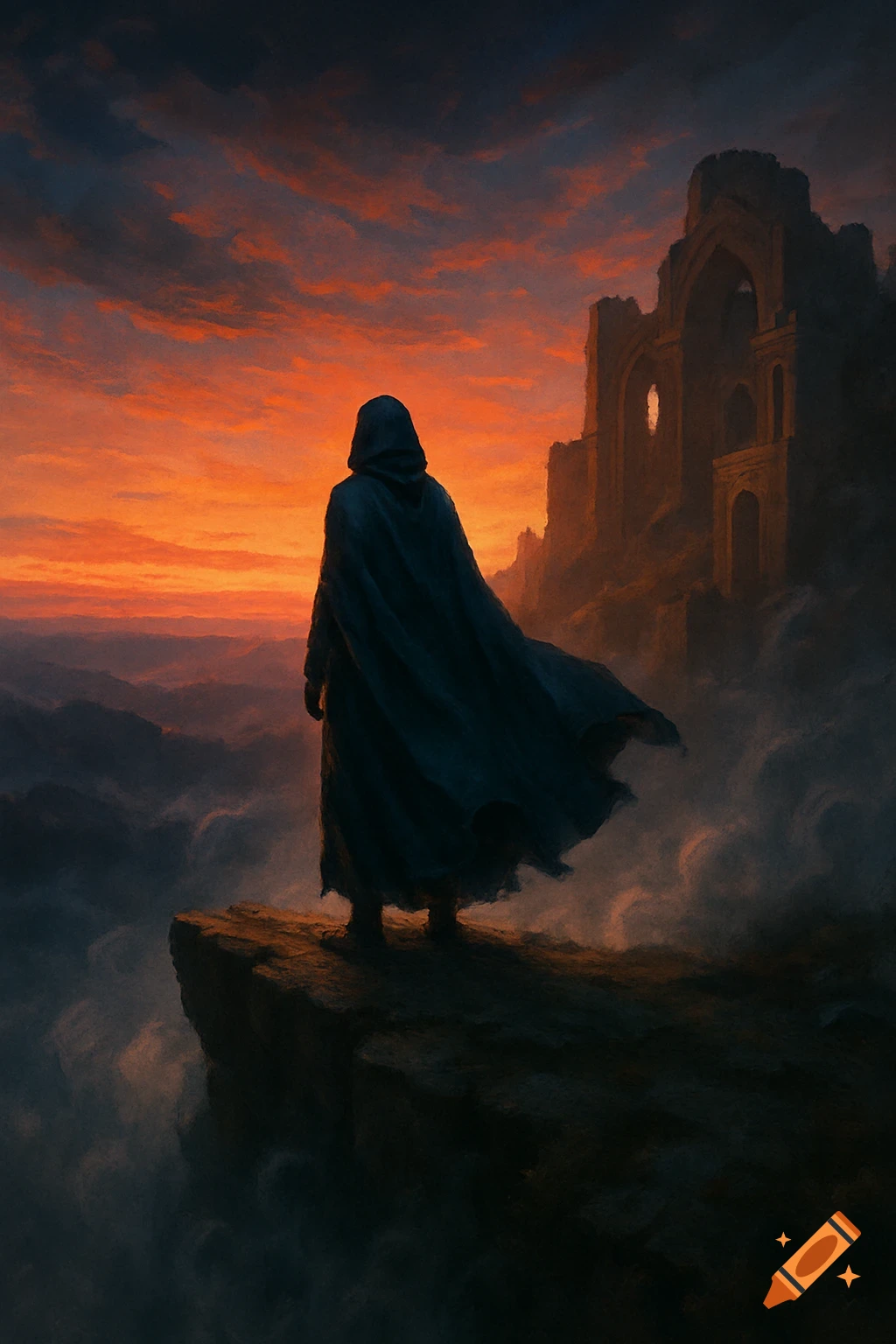 A dark cloaked figure stands on a cliff overlooking a valley, facing a dramatic orange and red sunset and ruined castle in a fantasy digital painting.