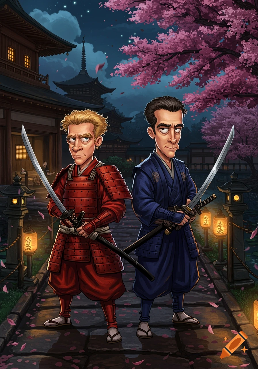 Two cartoon men, one in red samurai armor and one in blue, stand with katanas in a Japanese setting with cherry blossoms at night.