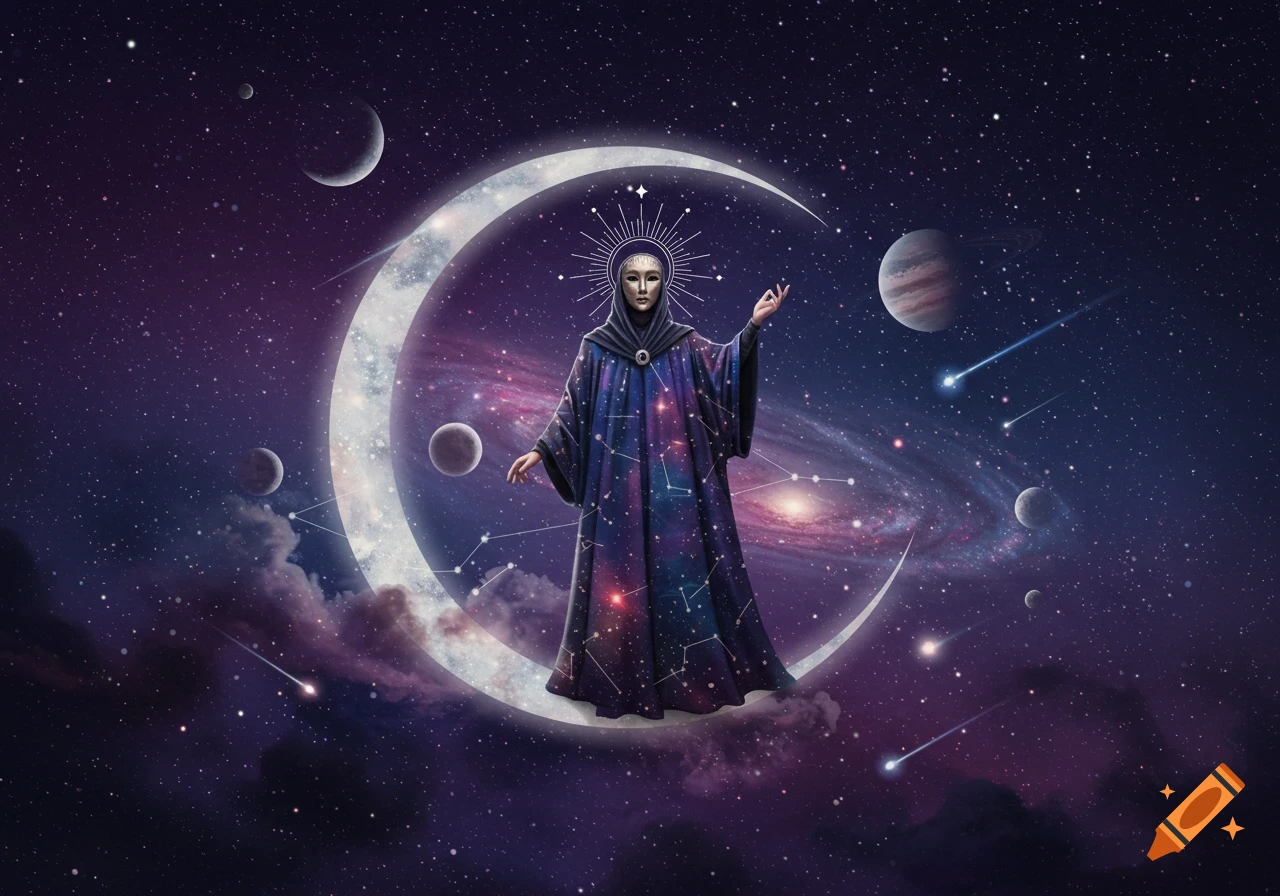 A mystical figure in a star-patterned robe and mask stands on a crescent moon in deep space with galaxies, planets, and constellations.