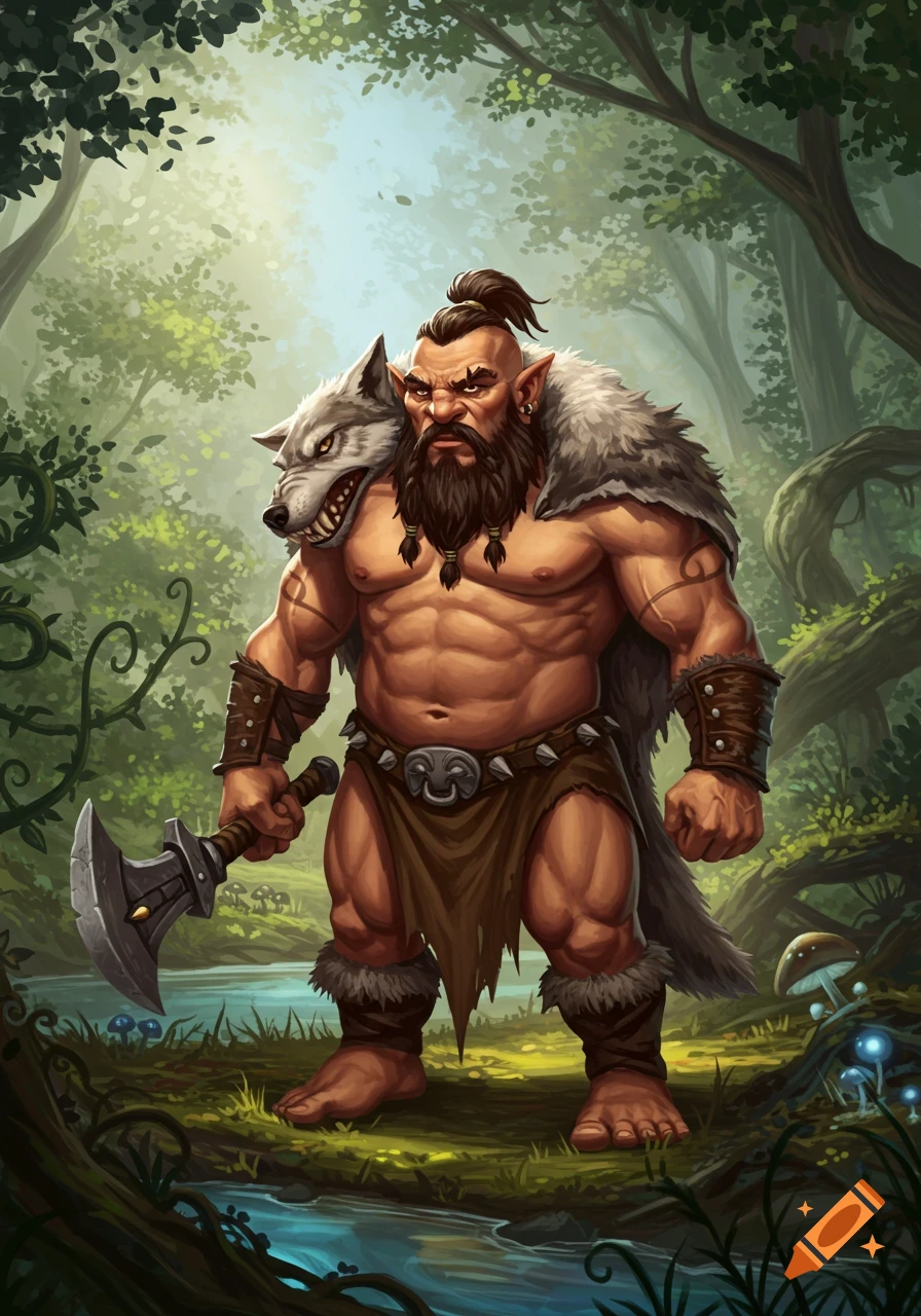 A muscular, bearded fantasy warrior with a wolf pelt and axe stands in a forest.