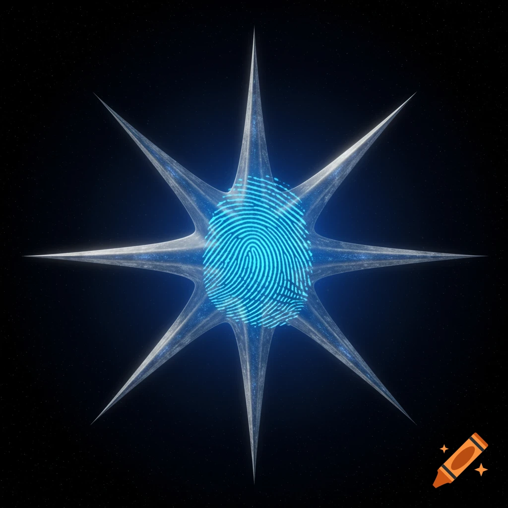 A bright blue fingerprint glows inside a spiky white star against a dark, starry background.