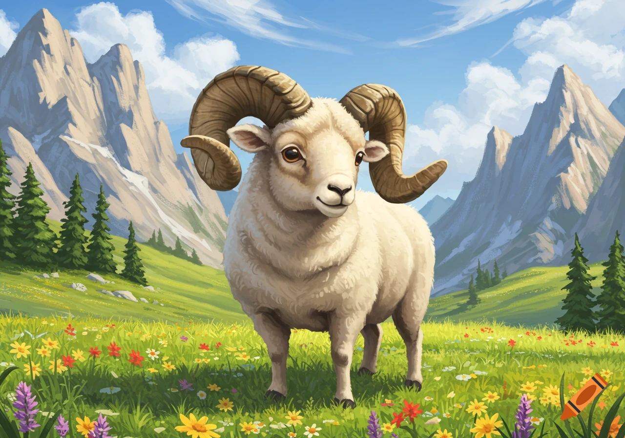 A cute big-horned sheep stands in a vibrant meadow filled with colorful wildflowers, set against a backdrop of majestic mountains and a blue sky.