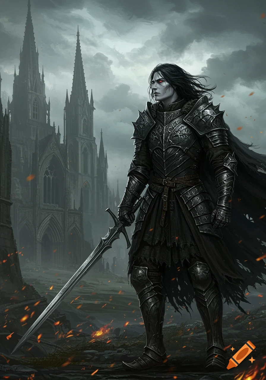 A dark fantasy knight in ornate black armor with a sword stands before a gothic castle under a stormy sky.