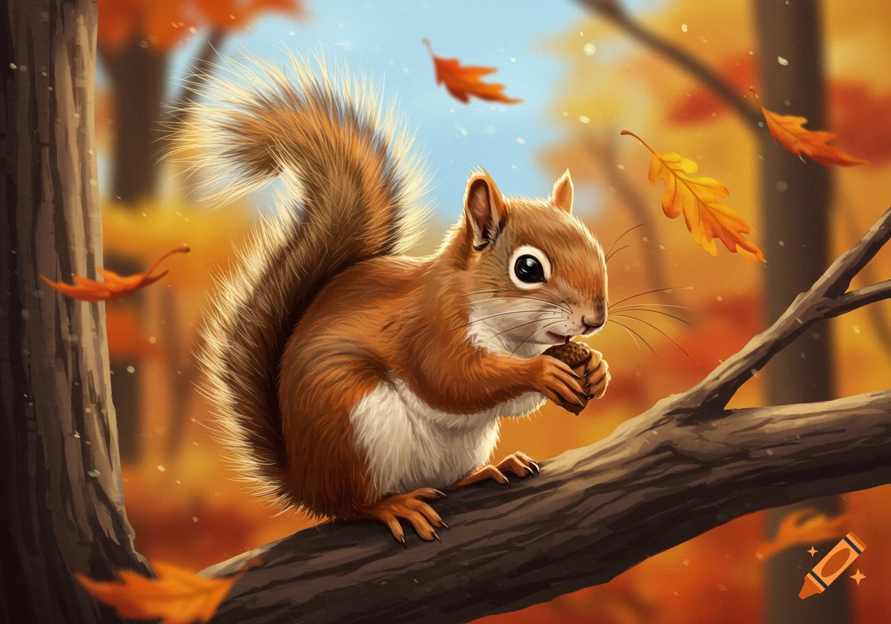 A cute squirrel sits on a tree branch, holding a nut, surrounded by vibrant orange autumn leaves. Cartoon illustration.