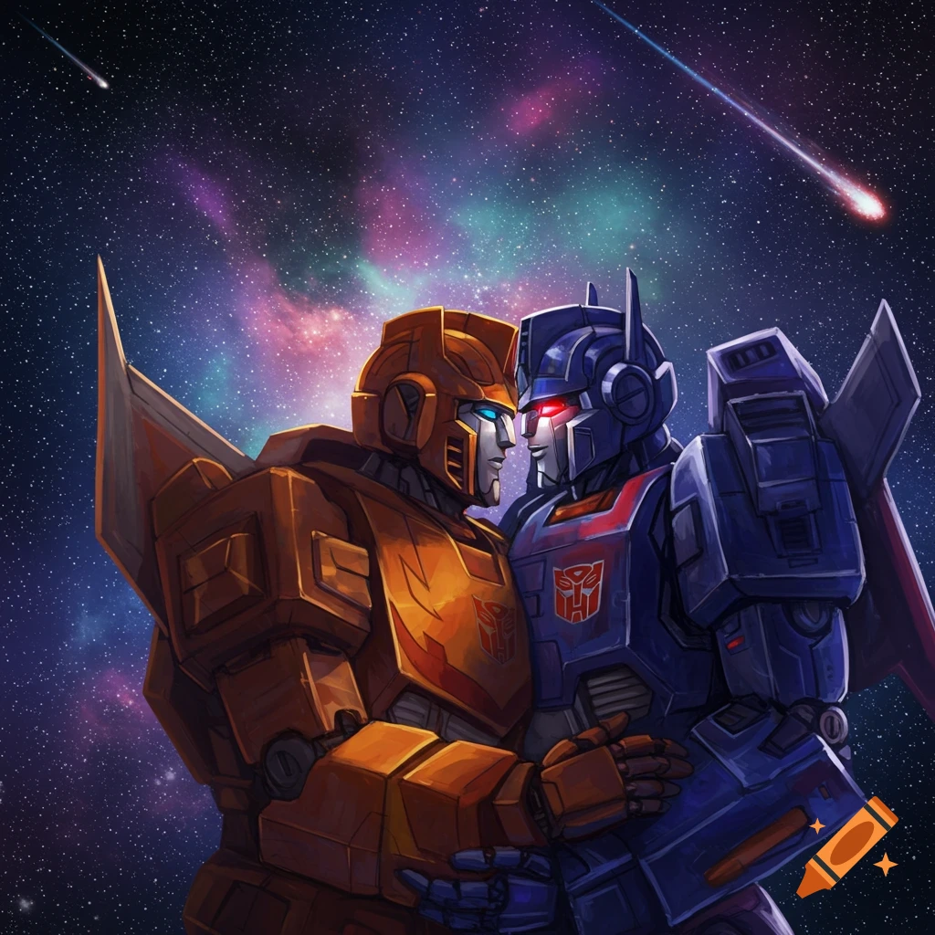 Rodimus and Ultra Magnus, two Transformers robots, embrace under a starry, cosmic night sky with shooting stars.