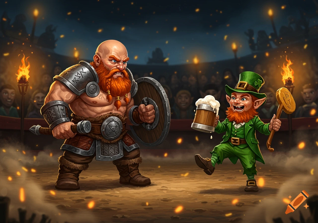 A muscular bald dwarf warrior in armor with a shield and weapon faces off against a green-clad leprechaun holding a beer mug and a golden mallet in a packed arena.