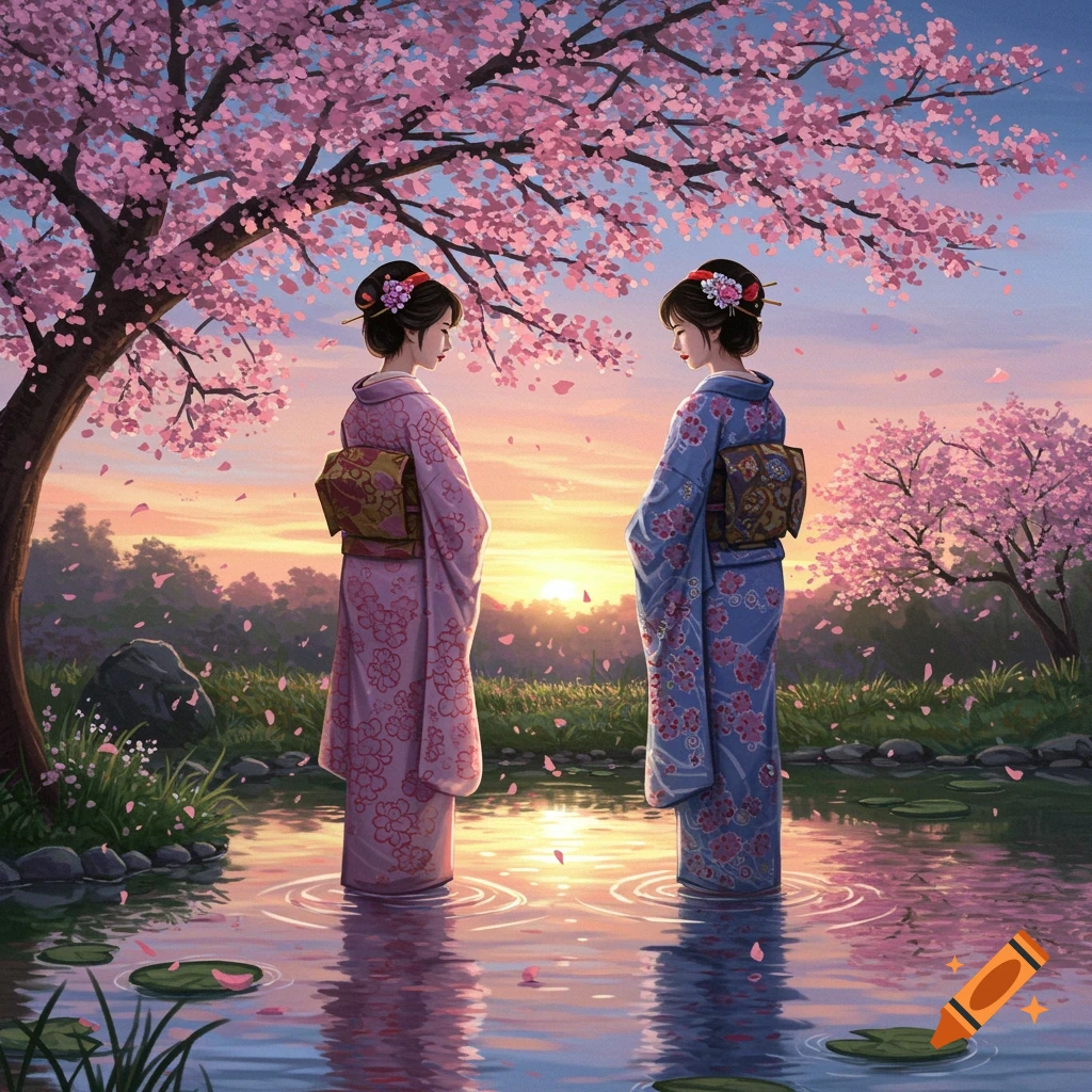 Two Japanese women in kimonos stand in shallow water under a pink cherry blossom tree at sunset, with petals falling.