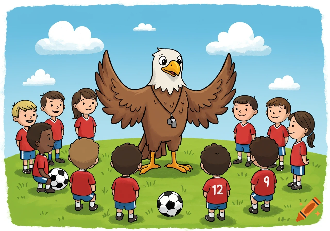 A cartoon eagle, wearing a whistle, gives a pep talk to a group of young soccer players on a green field under a blue sky.