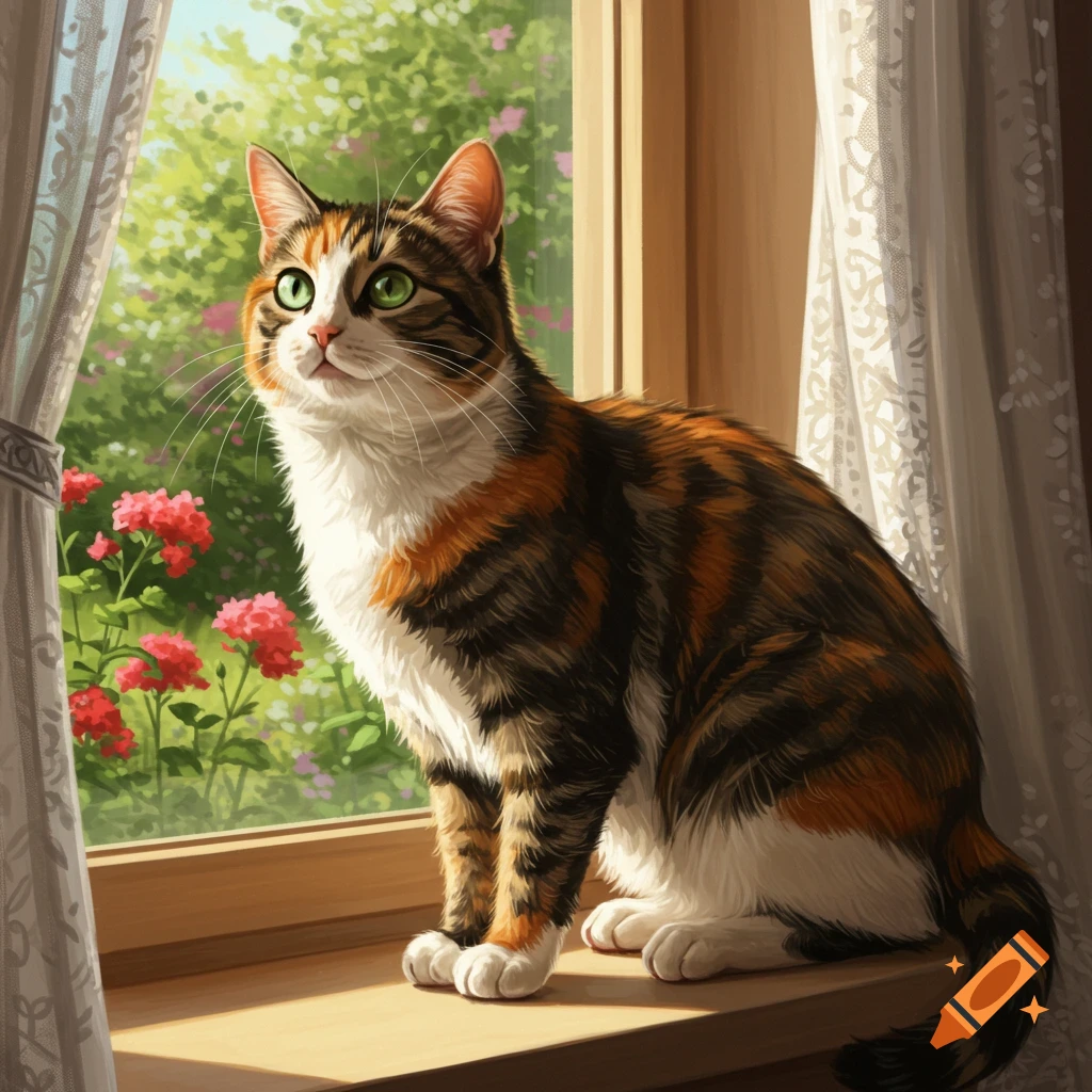 A calico cat with green eyes sits on a sunlit windowsill, looking out at a lush garden with pink flowers.