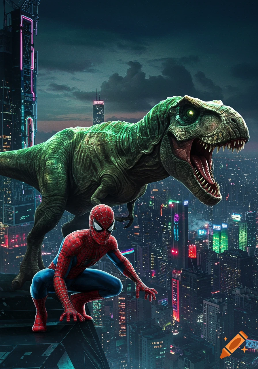 Spiderman crouches on a skyscraper rooftop with a large green T-Rex behind him, overlooking a neon-lit futuristic city at dusk.