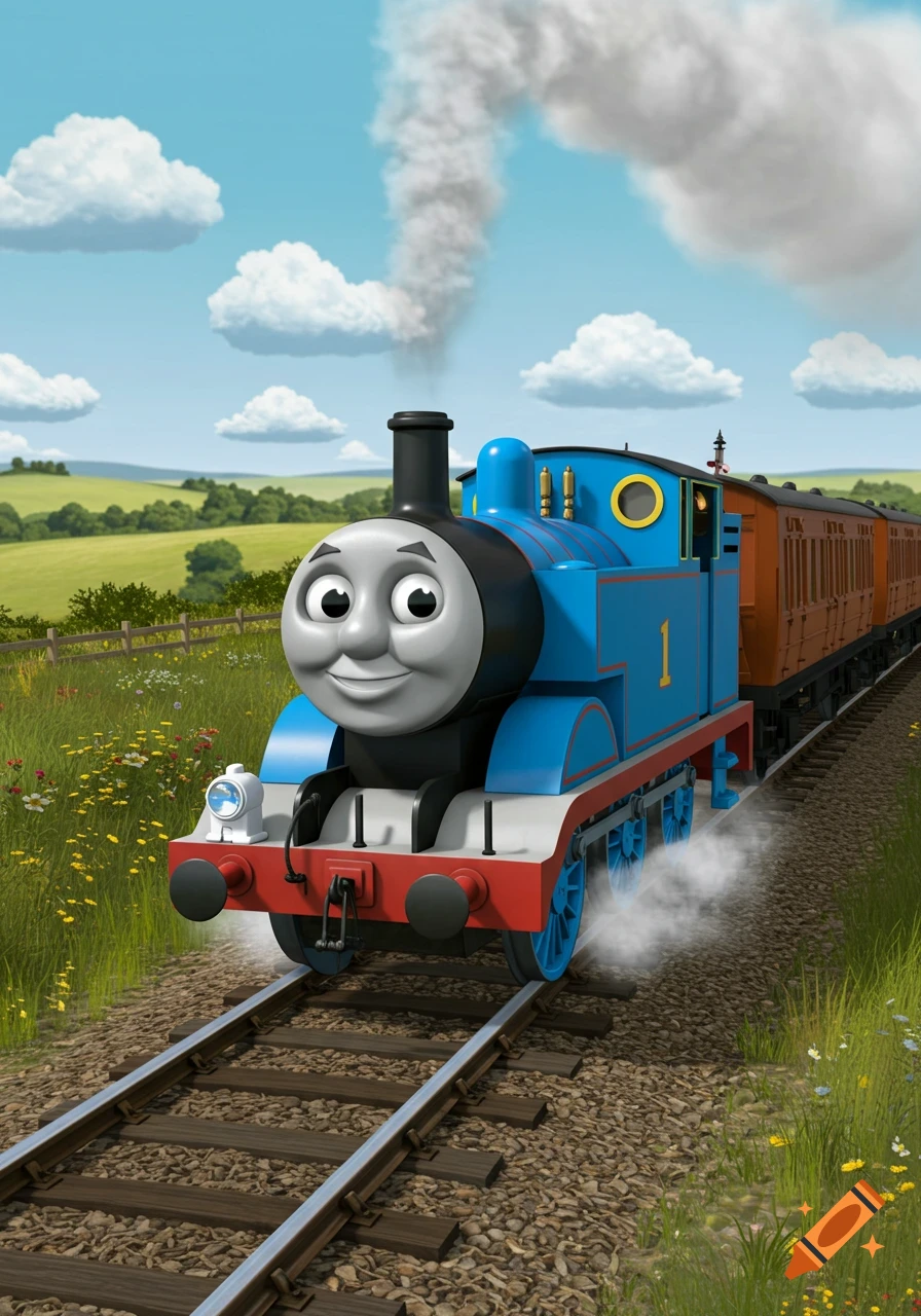 Thomas the Tank Engine smiling on train tracks in a vibrant green field under a blue sky.