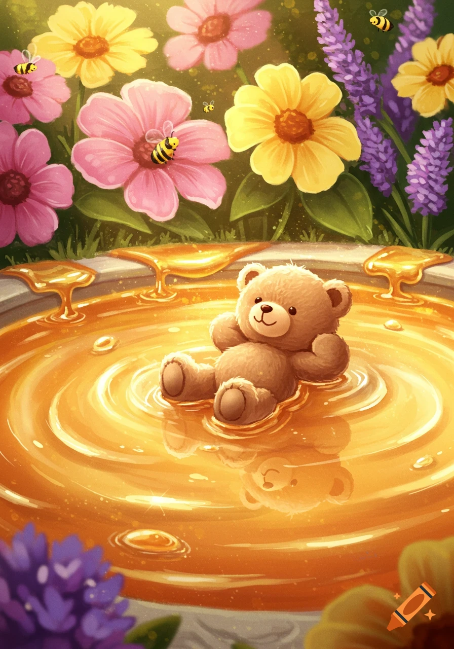 A cute teddy bear floats on its back in a pool of golden honey, surrounded by colorful pink and yellow flowers, purple lavender, and flying bees.