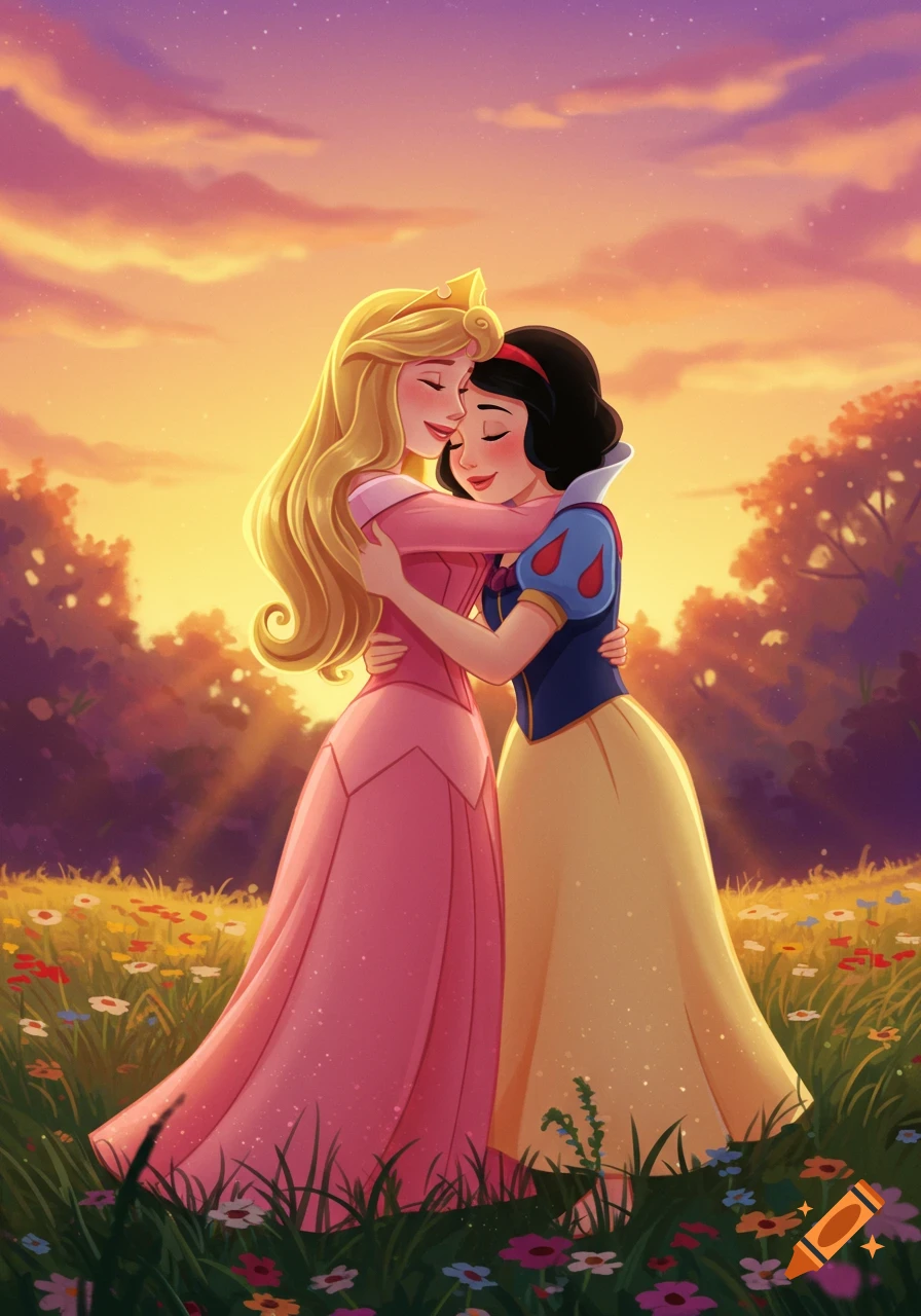Princess Aurora and Snow White hug in a vibrant 2D digital art style at sunset in a field of flowers.