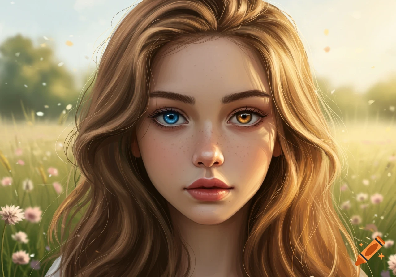 Digital painting of a teenage girl with blue and amber eyes, long caramel hair, and freckles, in a sunny wildflower field.