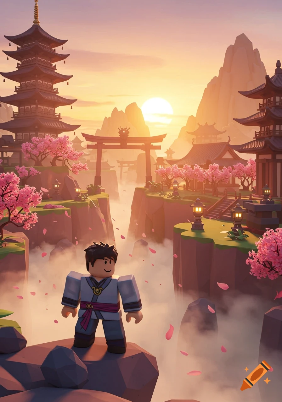 A Roblox character stands on a cliff overlooking a Japanese-inspired landscape with pagodas, cherry blossoms, and mountains at sunset.